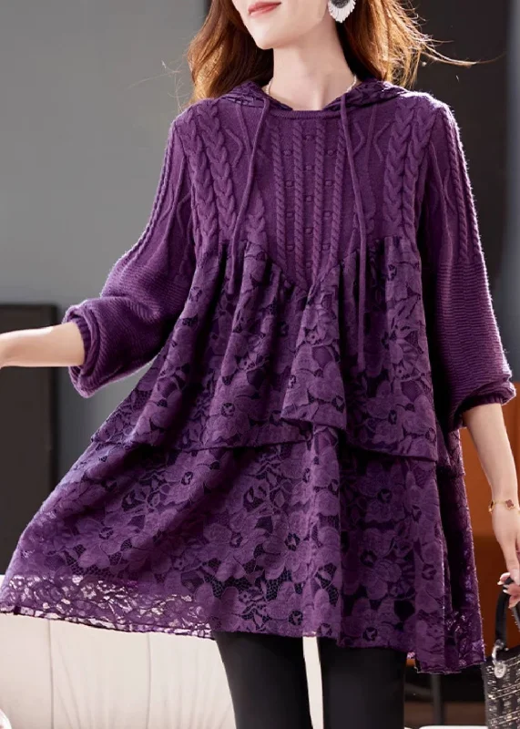 Women Purple Hooded Lace Patchwork Knit Dresses Winter Tunics Office stylish