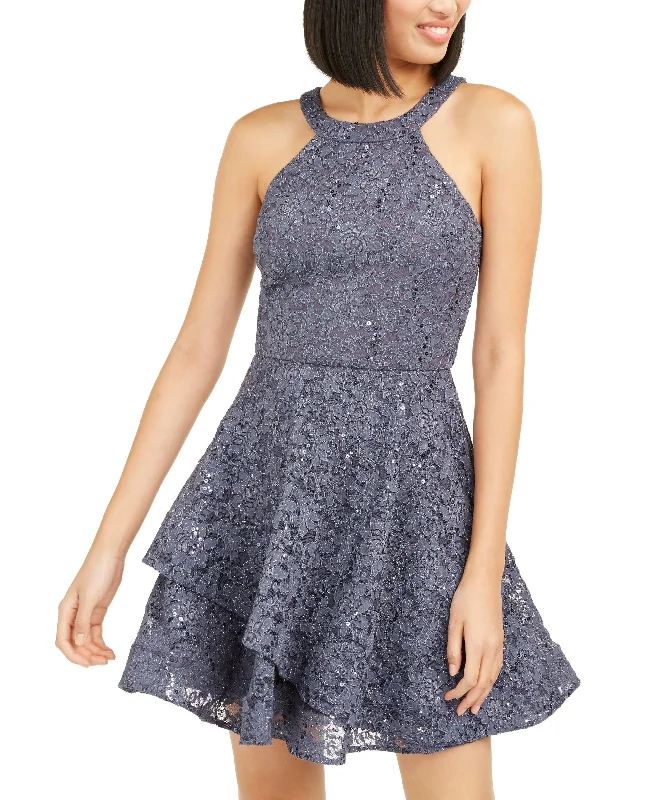 BCX Juniors' Glitter-Lace Halter Short Fit Party Dress, Gunmetal, 3/S Tunics Velvet soft