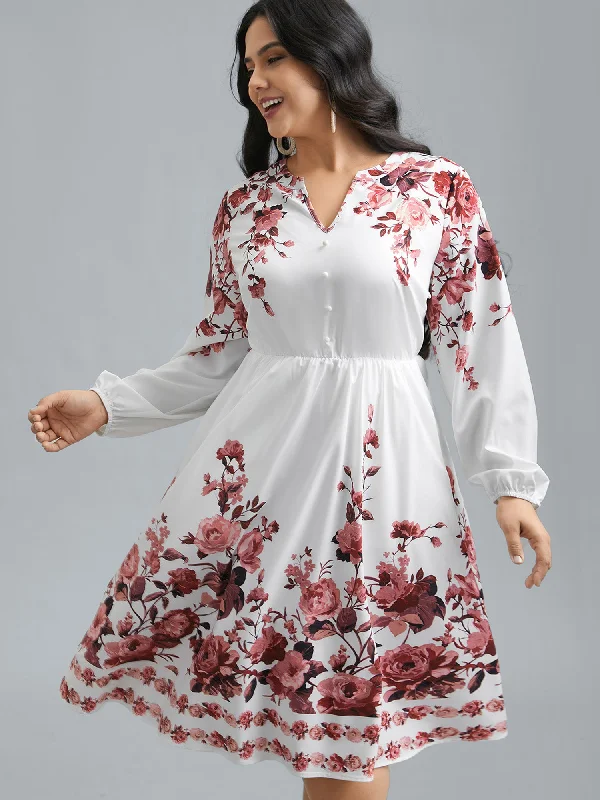 Boho Print Lantern Sleeve Button Detail Dress Tunics Bestseller popular
