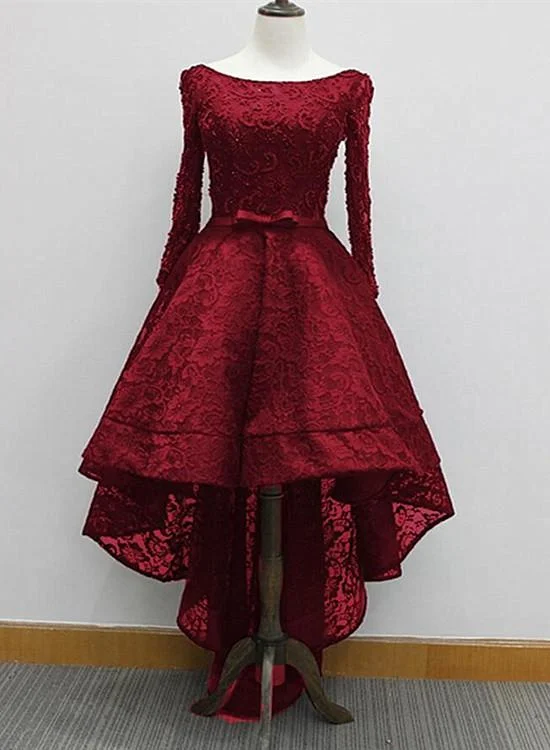 Fashionable Long Sleeves Lace High Low Beaded Prom Dress, New Party Dress Tunics Brand named