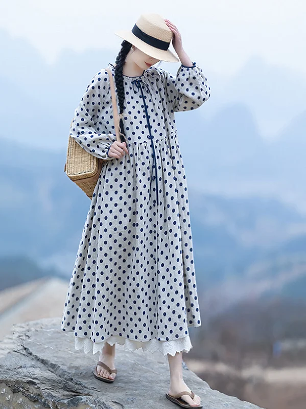 Women Artsy Spring Dot Lace Collar Linen Loose Dress Tunics Brand named