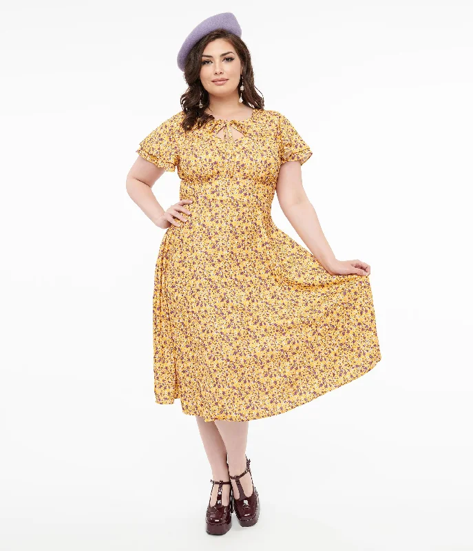 Plus Size 1950s Yellow & Purple Floral Capelet Swing Dress Tunics Lace romantic