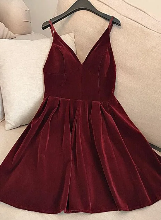 Wine Red Velvet Short V Back Homecoming Dress Party Dress, Dark Red Short Prom Dress Tunics Essential wardrobe