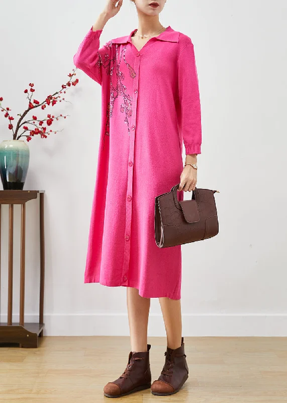 Italian Rose Print Button Down Knit Long Dress Fall Cowl Neckline Elegant