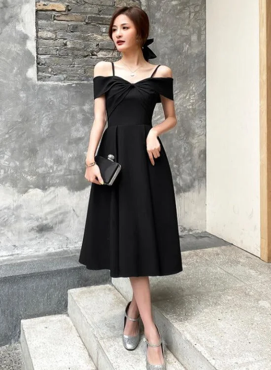 Black Off Shoulder Tea Length Wedding Party Dress, Black Prom Dress Homecoming Dress Tunics Stylish elegant