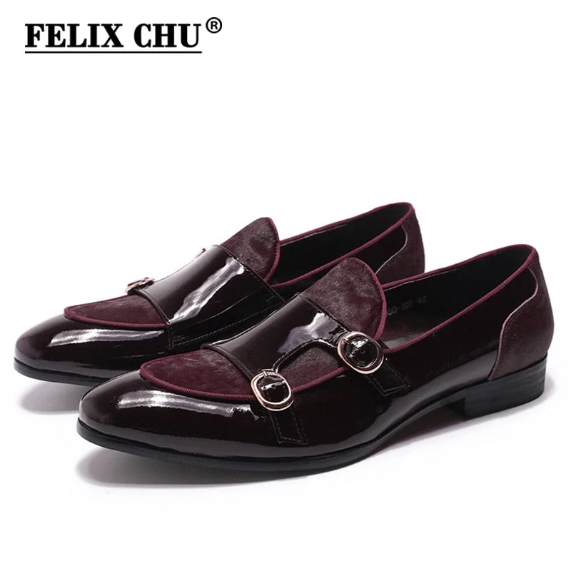 FELIX CHU Mens Wedding Loafers Gentlemen Party Dress Shoes Patent Leather with Horse Hair Casual Monk Strap Formal Shoes for Men Turtleneck Warm Winter
