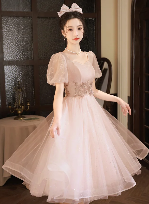 Pink Tea Length Tulle Short Sleeves Party Dress, Pink Tulle Homecoming Dress Formal Dress sweetheart Neckline Romantic