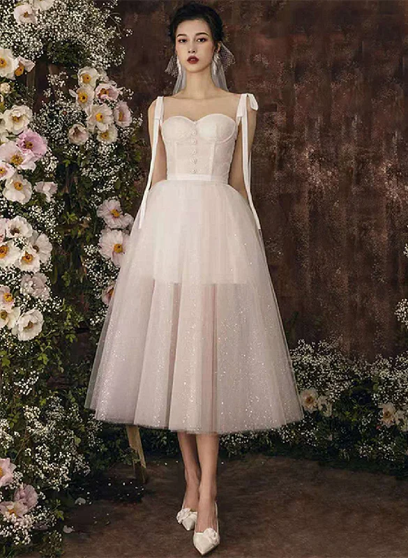 Ivory Tulle Sweetheart Straps Shiny Tea Length Party Dress, Tulle Wedding Party Dress Tunics Short Trendy