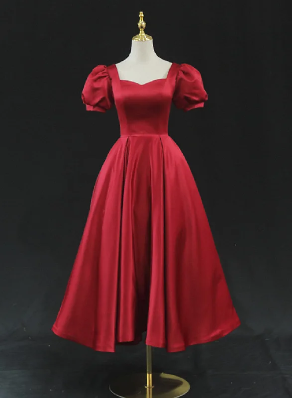 Wine Red Satin Bridesmaid Dress Party Dress, Tea Length Prom Dresses Tunics Satin smooth