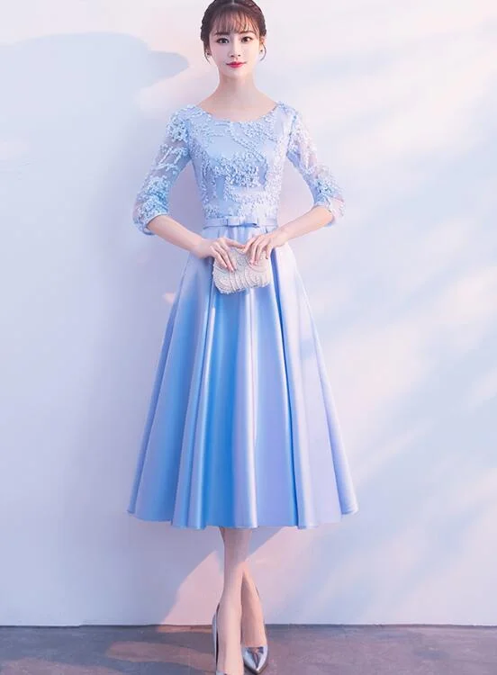 Light Blue Satin Tea Length Bridesmaid Dress, Short Sleeves Party Dress High-Low Hemline Casual