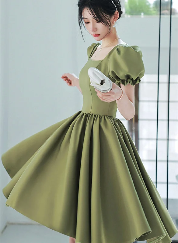 Green Satin Short Party Dress Prom Dress, Green Homecoming Dress Tunics Print Colorful