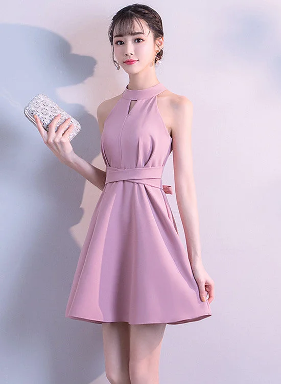 Lovely Pink Halter Mini Party Dress, Cute Women Dress Turtleneck Neckline Stylish