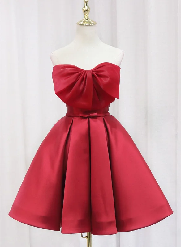 Red Satin Short Prom Dress Party Dress, Lovely Red Knee Length Homecoming Dress Square Neckline Feminine