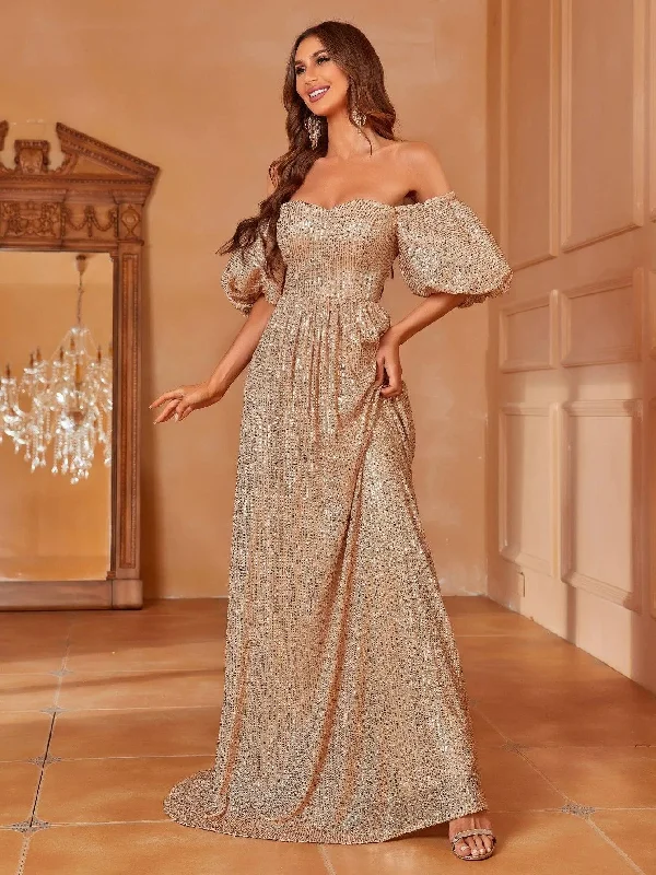 Off Shoulder Puff Sleeve Sequin Party Dresses Tunics Denim casual