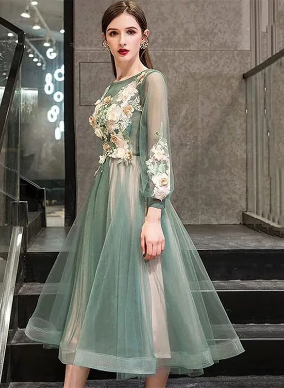 Green Round Neckline Tea Length Floral Wedding Party Dress, Green Prom Dress Tunics Practical easy-care