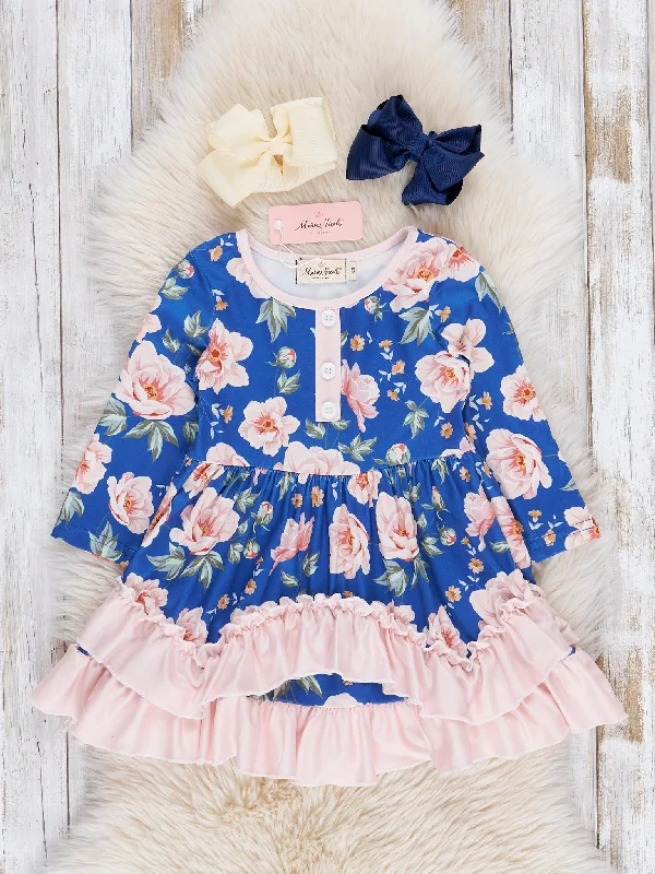 Blue & Pink Watercolor Roses Ruffle Dress Tunics Handmade artisanal