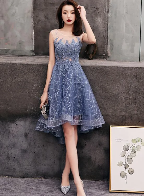 Cute Grey High Low Party Dress, New Formal Dress Crew Neckline Sporty