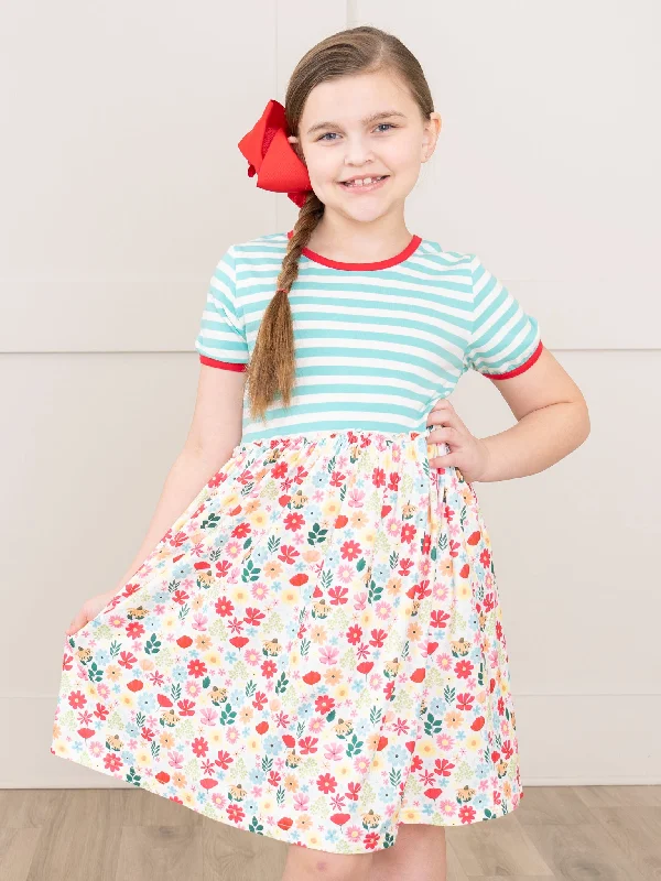 Ringer Striped Florals Dress - Red & Teal Tunics Velvet soft