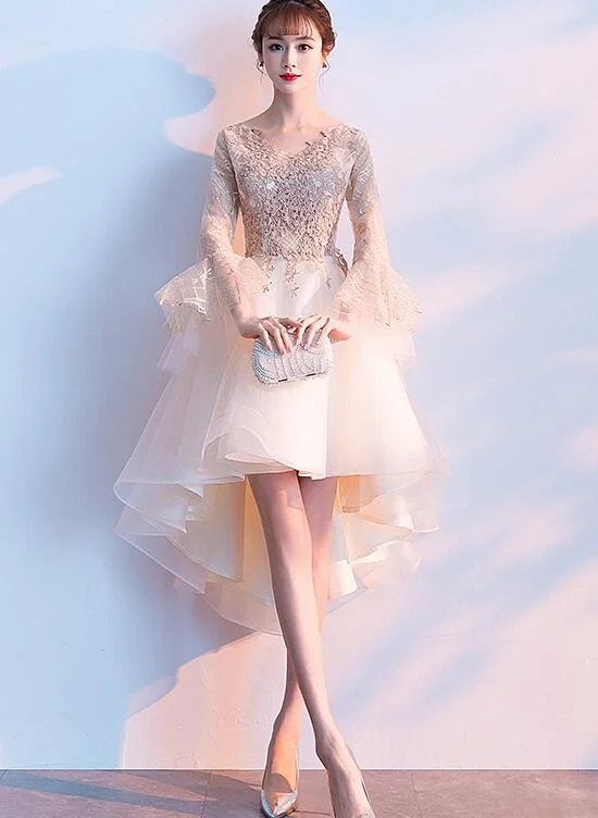 Lovely Ivory High Low Tulle Party Dress with Gold Lace Prom Dress, Cute Homecoming Dress Tunics Evening elegant