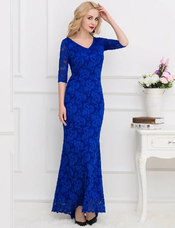 Royal Blue Lace Floral Long Party Dress Tunics Sophisticated sleek