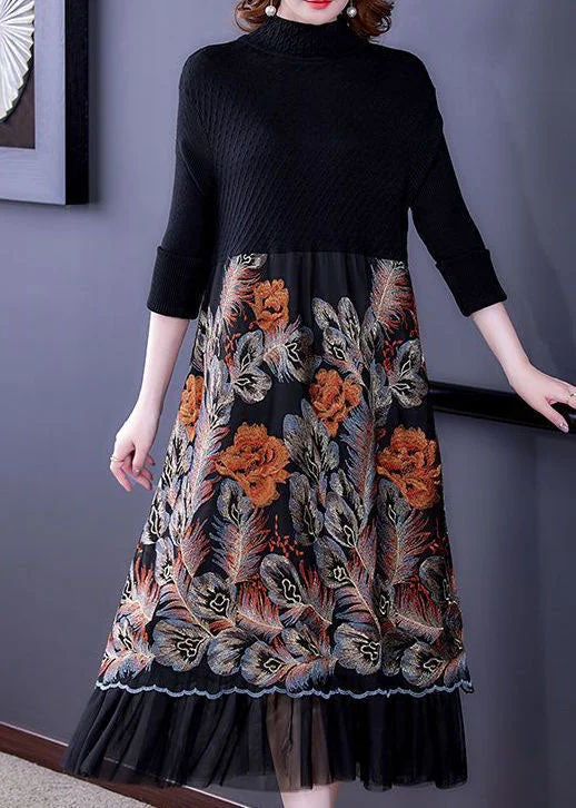 Italian Black High Neck Embroideried Patchwork Knit Long Dresses Long Sleeve Tunics Designer luxury