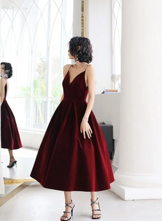 Sexy Velvet Dark Red Backless Straps Wedding Party Dress, Burgundy Short Prom Dresses Tunics Office stylish