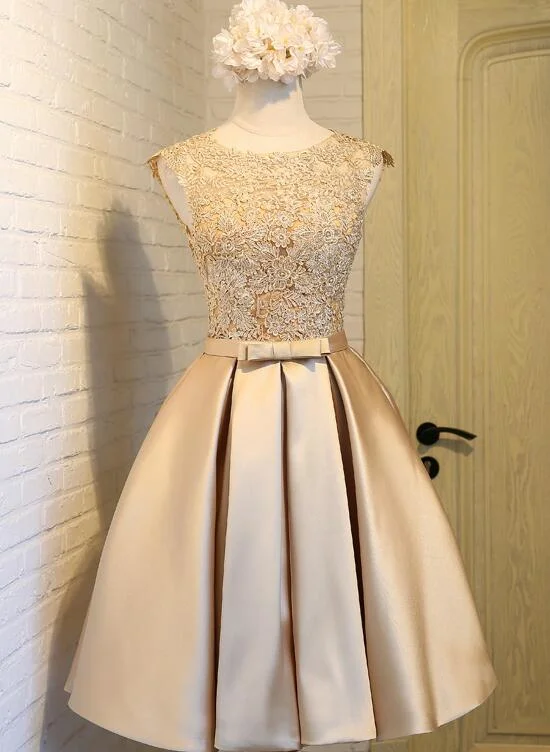 Lovely Satin Gold with Lace Knee Length Prom Dress, Short Party Dress Tunics Practical easy-care