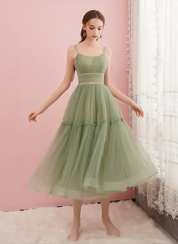 Light Green Tulle Straps Tea Length Party Dress, Light Green Tulle Homecoming Dress Chiffon Maxi Beach