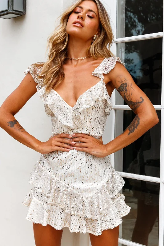 Paparazzi Ruffle Shoulder Sequin Party Dress Champagne Tunics Canvas sturdy