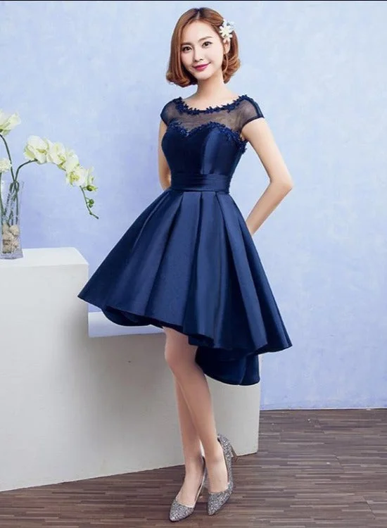 Navy Blue Satin Homecoming Dress With Lace Appliques, Blue Dark Navy Short Party Dress Prom Dress Tunics Sophisticated sleek