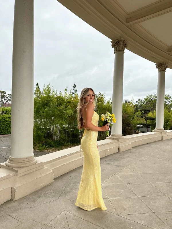 Light Yellow Straps Mermaid Split Long Prom Dress Evening Party Dress, DP4684 Off-the-shoulder Chic Trendy