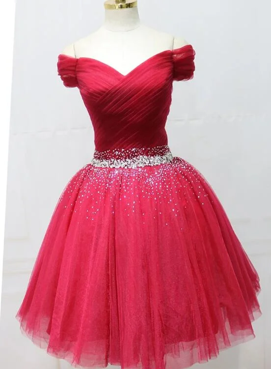 Charming Red Off Shoulder Tulle Short Party Dress, A-line Prom Dress Tunics Gym athletic