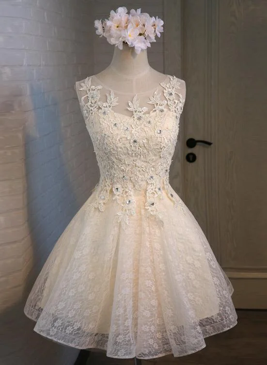 Lovely Champagne Cute Lace Beaded Party Dress, Cute Homecoming Dress High-Low Hemline Casual