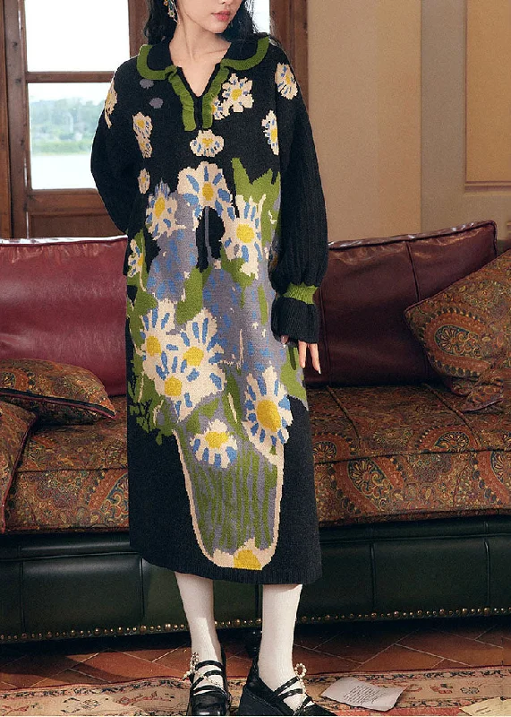 Vintage Black V Neck Print Ruffled Patchwork Cotton Knit Long Dress Fall Tunics Winter warm