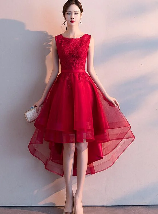 Stylish Wine Red Lace High Low Prom Dress 2020, Party Dress Tunics Custom made