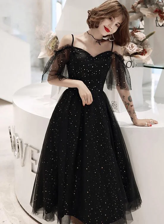 Shiny Black Off Shoulder Tea Length Party Dress Prom Dress, Black Homecoming Dresses Tunics Handmade artisanal