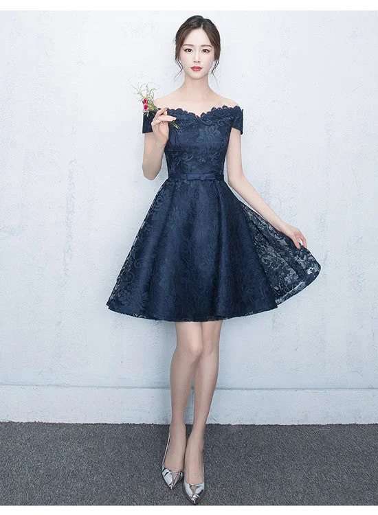 Lovely Blue Lace Short Party Dress, Lace Formal Dress Crew Neckline Casual