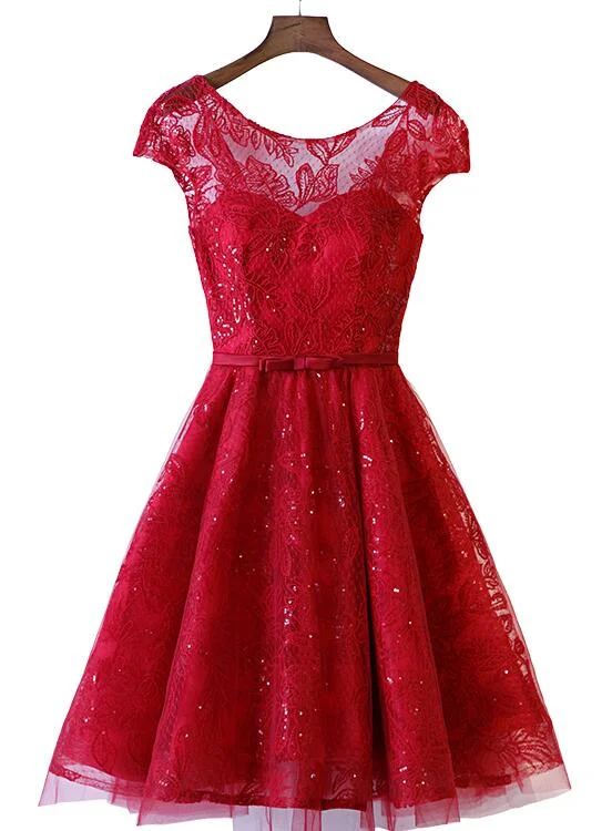 Lovely Dark Red Lace Cap Sleeves Short Party Dress, Wine Red Formal Dress sweetheart Neckline Romantic