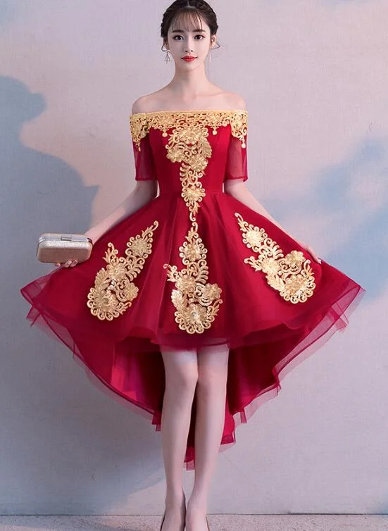 Beautiful Dark Red High Low Tulle Party Dress, Wine Red Off Shoulder Prom Dress Tunics Canvas sturdy