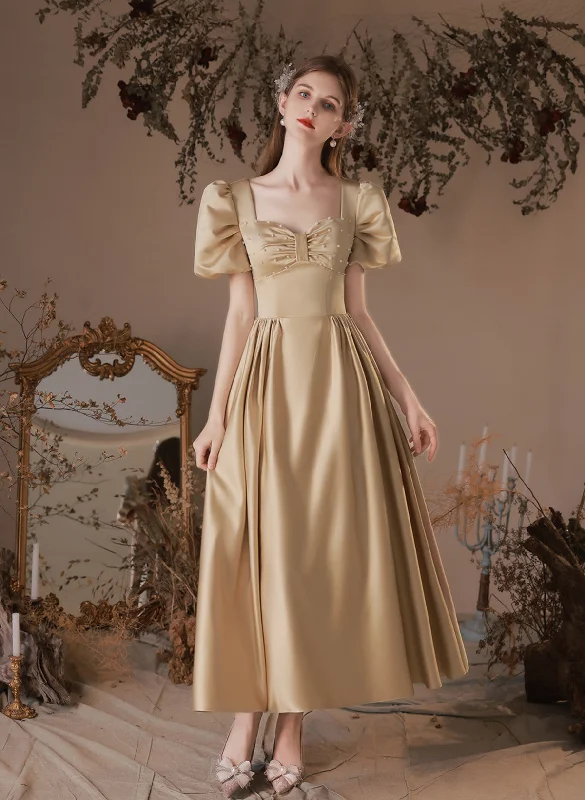 Cute Satin Tea Length with Beadings Wedding Party Dress, Satin Short Prom Dress Tunics Office stylish