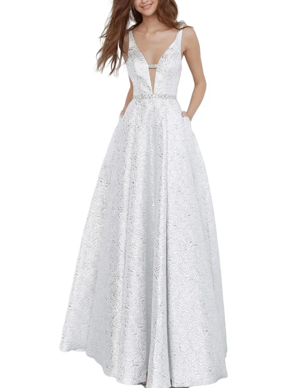 Womens Embellished Plunging Evening Dress A-Line Day Work