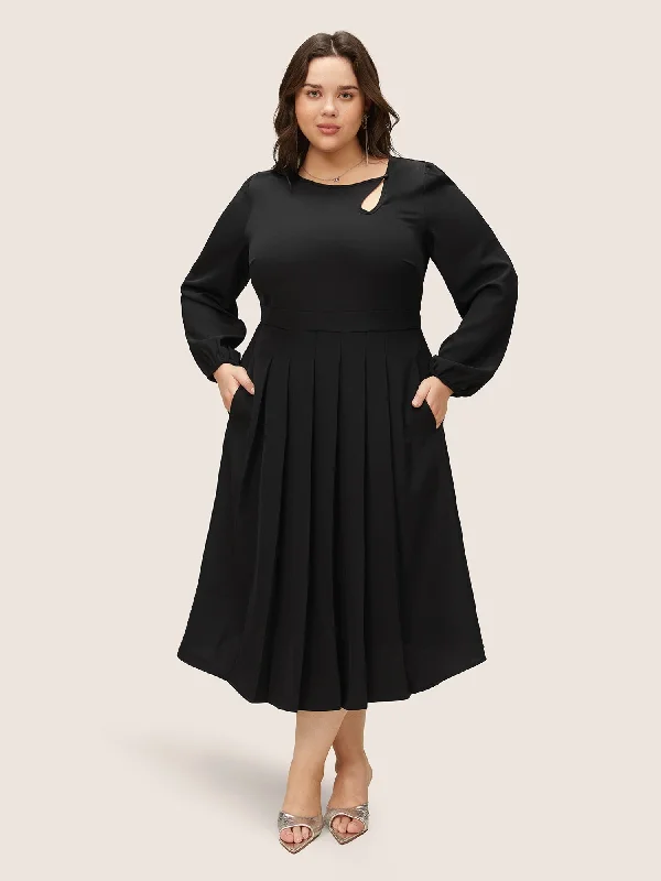 Anti-Wrinkle Asymmetrical Neck Keyhole Pleated Hem Dress Square Neckline Feminine