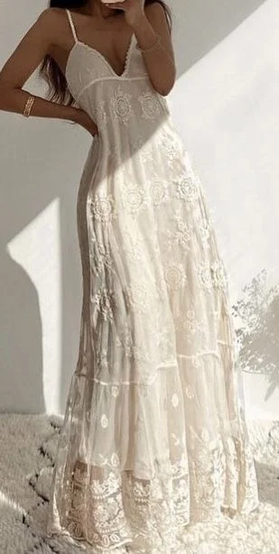 Spaghetti Straps V Neck A-Line Lace Long Party Dress Birthday Dress, DP4663 Tunics Polka dots