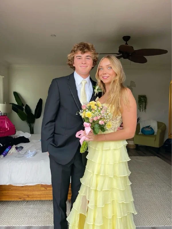 Light Yellow Strapless A-Line Chiffon Tiered Long Prom Dress Formal Party Dress, DP4673 Tunics Top Casual