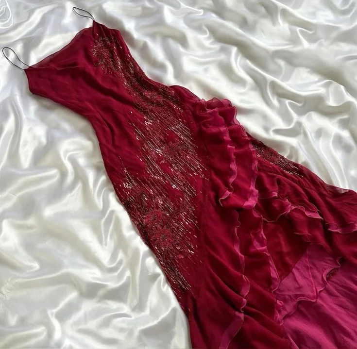 Burgundy Straps Beading Ruffles Vintage Long Party Dress Evening Gown, DP4657 Tunics Mesh breathable