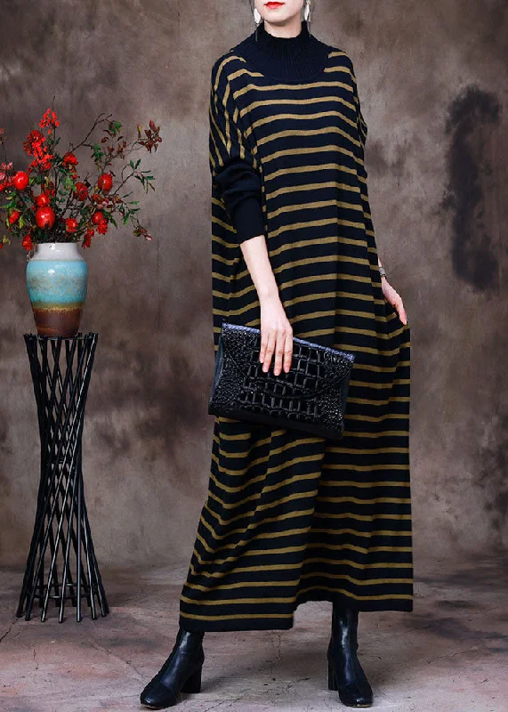 French Black Yellow Striped Turtle Neck Knit Long Dress Batwing Sleeve Tunics Fleece cozy