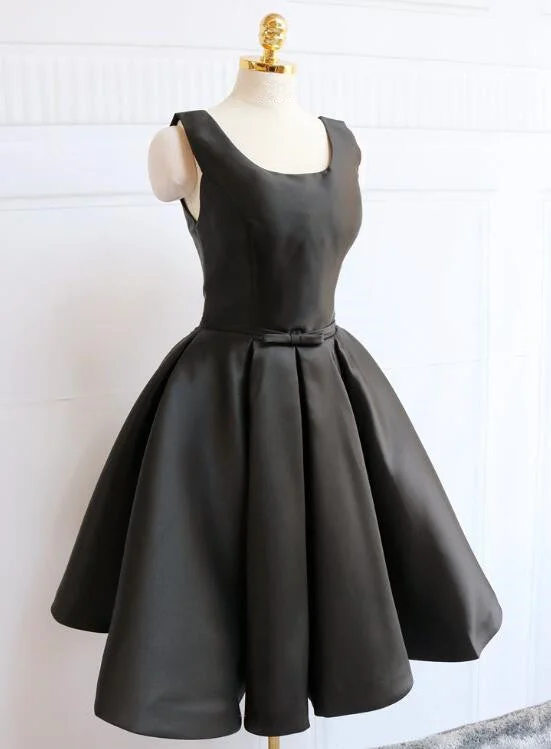 Black Satin Knee Length Party Dress , Black Backless Evening Dress Tunics Cozy comfortable