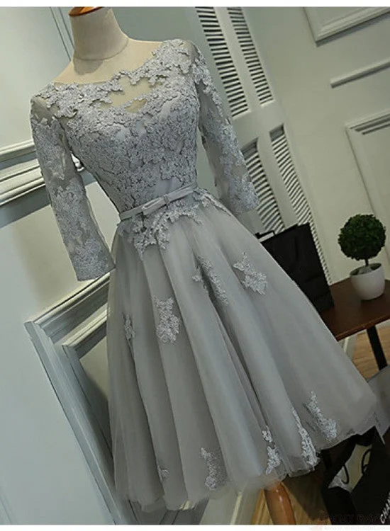 Cute Short Grey Lace Homecoming Dresses, Tulle Party Dress Tunics Running lightweight