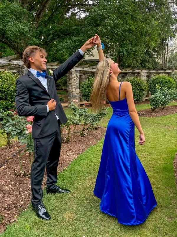 Royal Blue Spaghetti Straps Sheath Satin Long Prom Dress Simple Party Dress, DP4698 Chiffon Maxi Beach