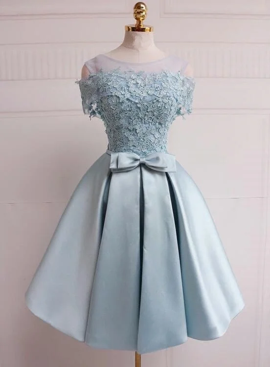 Cute Light Blue Satin Off Shoulder Party Dress, Knee Length Formal Dress Tunics Evening elegant
